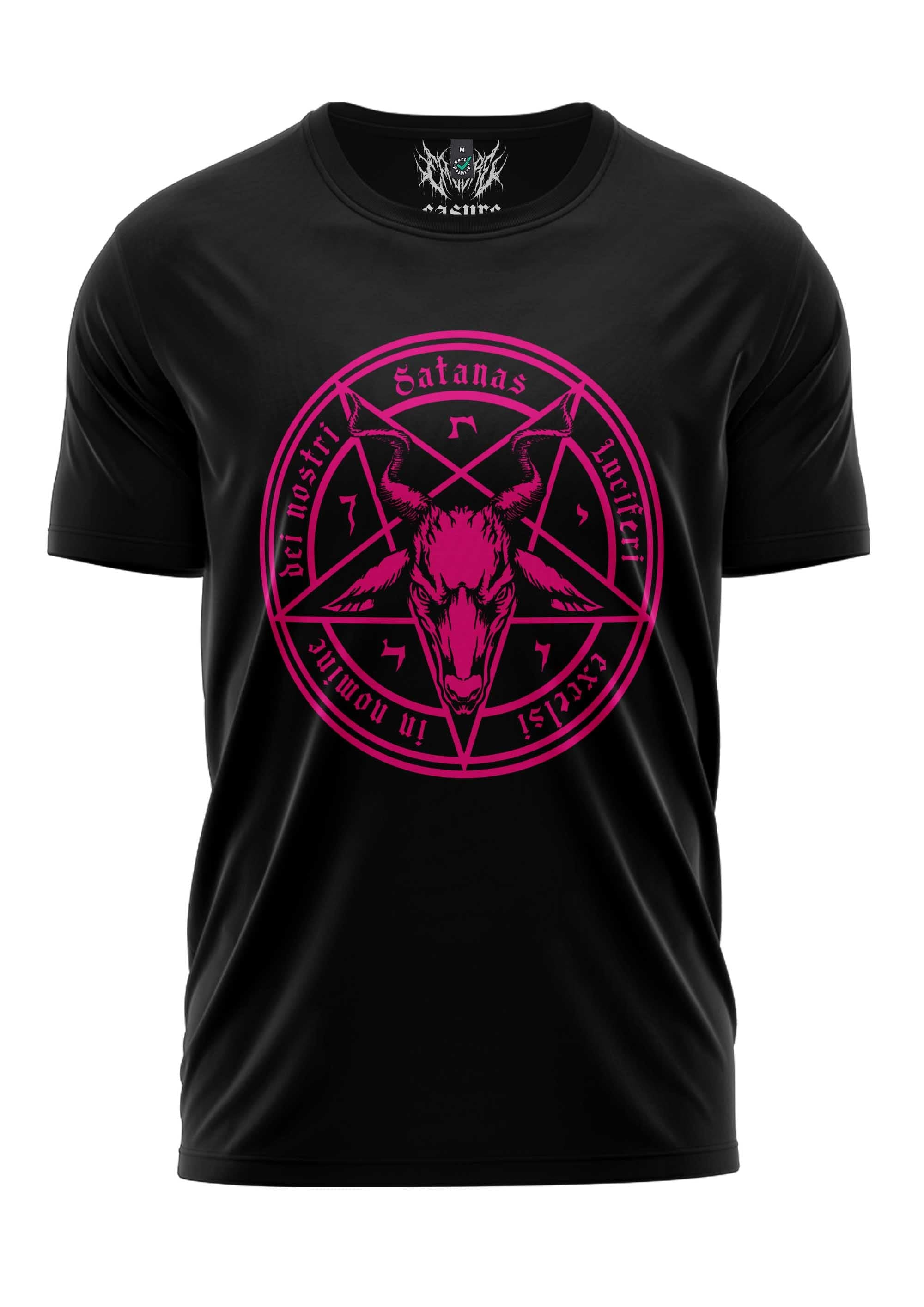 Schwarzes T-Shirt mit pinkem Pentagramm-Design und Text